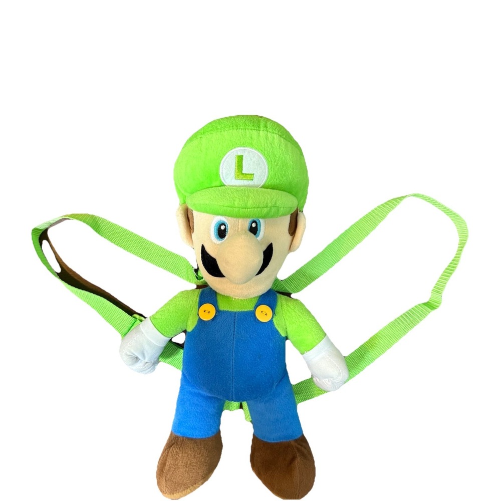 Super Mario Bros Luigi Plush Backpack 16" Green Blue Stuffed Doll Bag Nintendo